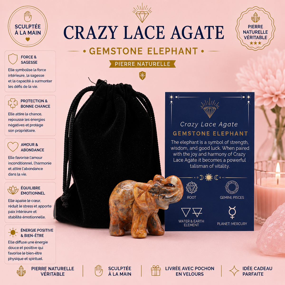 Éléphant porte-bonheur en pierres précieuses - 4 variantes