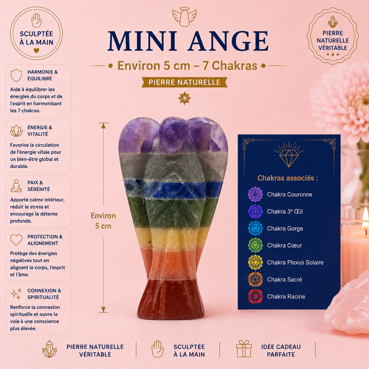 Mini Ange en pierre précieuse sculptée à la main - 7 chakras (2 tailles)