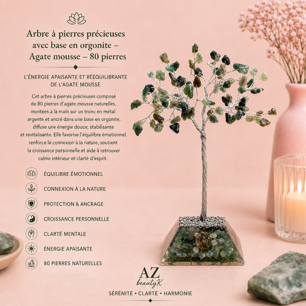 Arbre à pierres précieuses avec base en orgonite - Agate mousse - 3 tailles