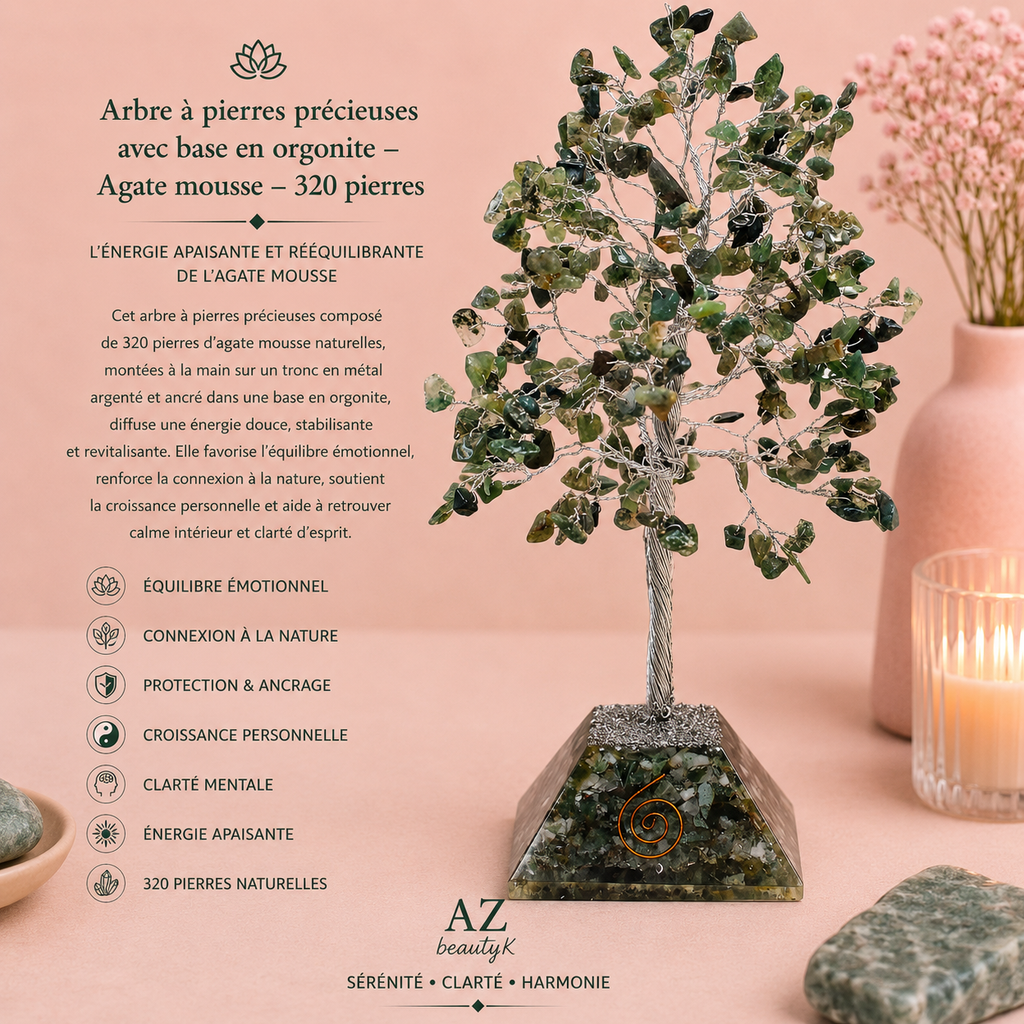Arbre à pierres précieuses avec base en orgonite - Agate mousse - 3 tailles