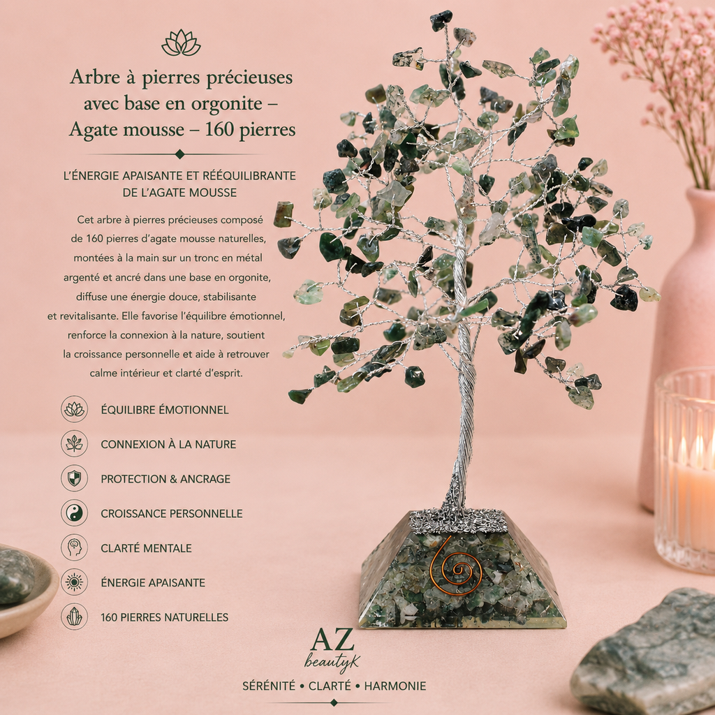 Arbre à pierres précieuses avec base en orgonite - Agate mousse - 3 tailles