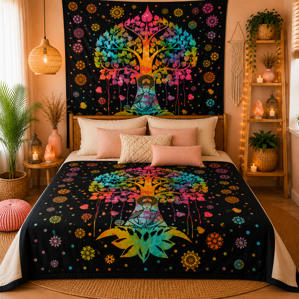 Couvre-lit ou Tenture murale en coton - Arbre Bodhi (2 tailles)