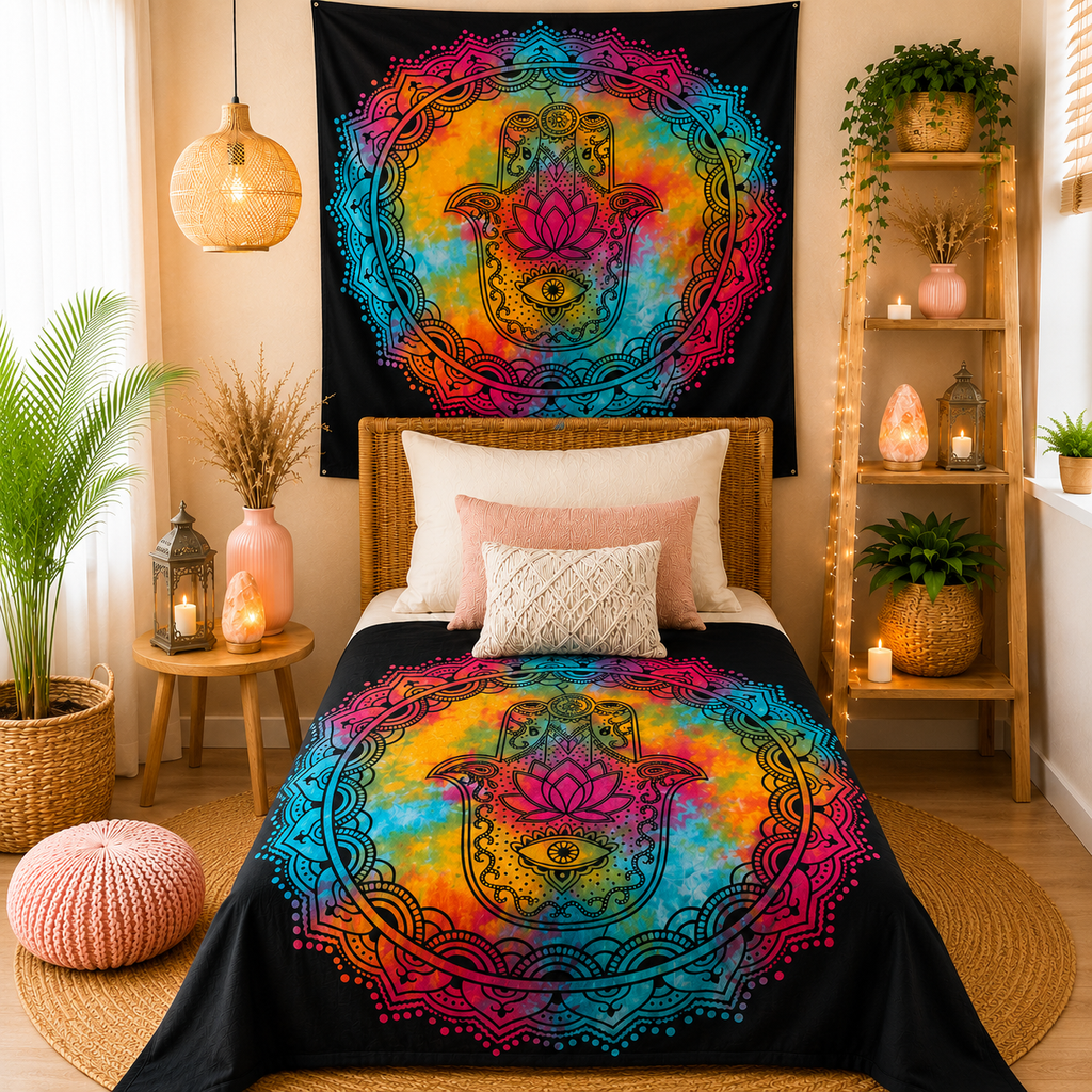 Couvre-lit ou Tenture murale en coton - Khamsa Noir (2 tailles)