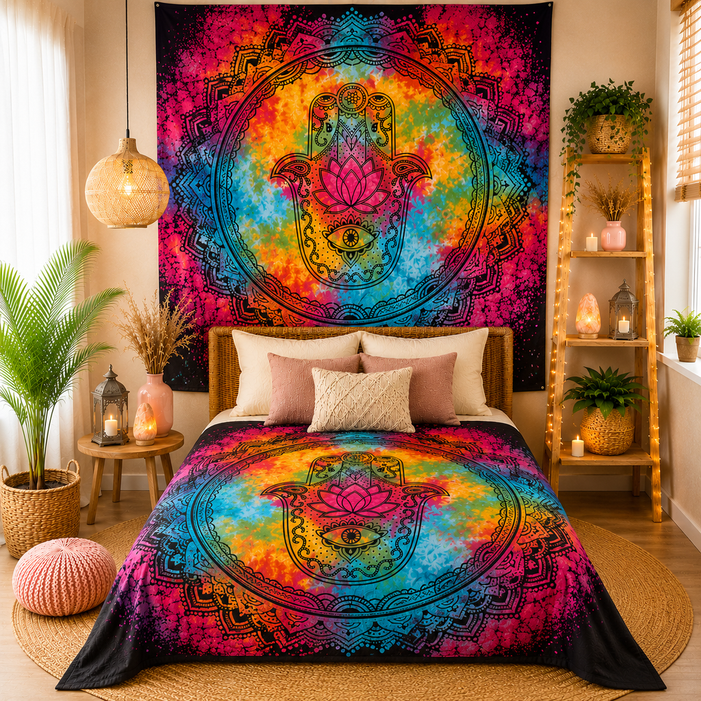 Couvre-lit ou Tenture murale en coton - Khamsa Noir (2 tailles)
