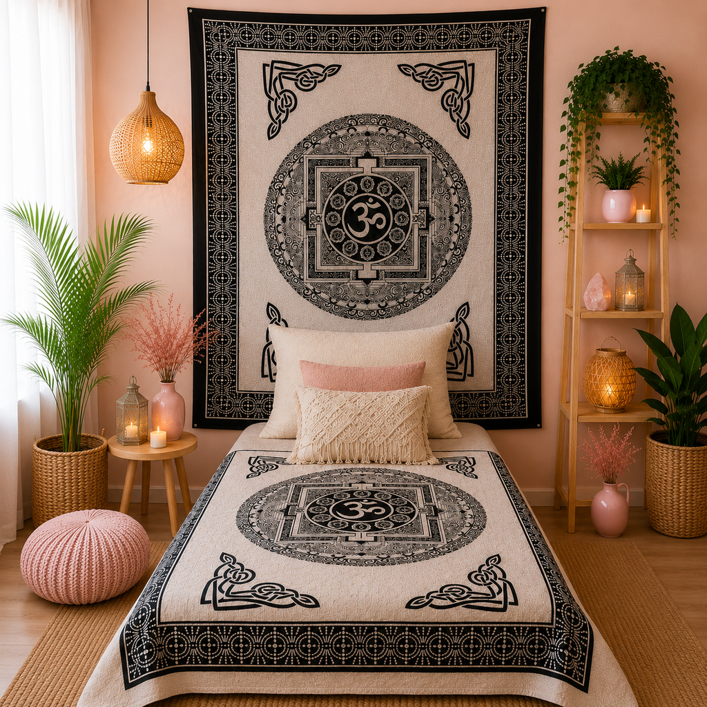Couvre-lit ou Tenture murale en coton - Mono - OM Mandala (2 tailles)