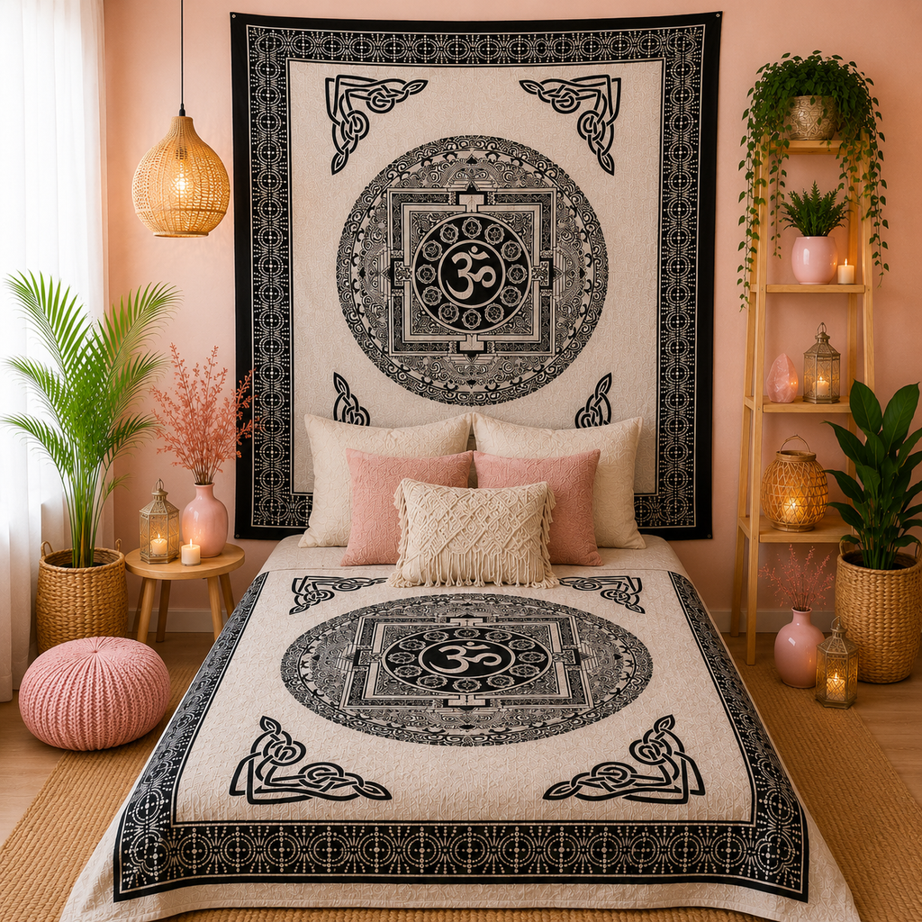 Couvre-lit ou Tenture murale en coton - Mono - OM Mandala (2 tailles)