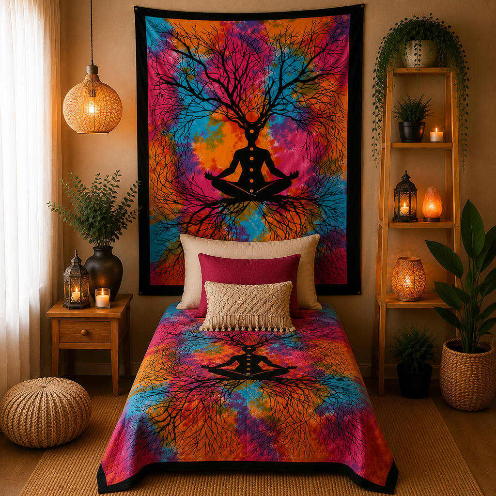 Couvre-lit ou Tenture murale en coton - Arbre à yoga (2 tailles)