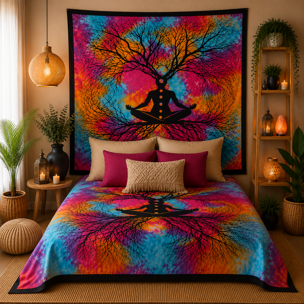 Couvre-lit ou Tenture murale en coton - Arbre à yoga (2 tailles)