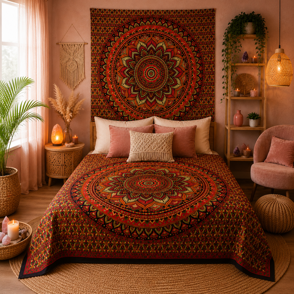Couvre-lit ou Tenture murale en coton - Mandala classique - (200x230 cm)