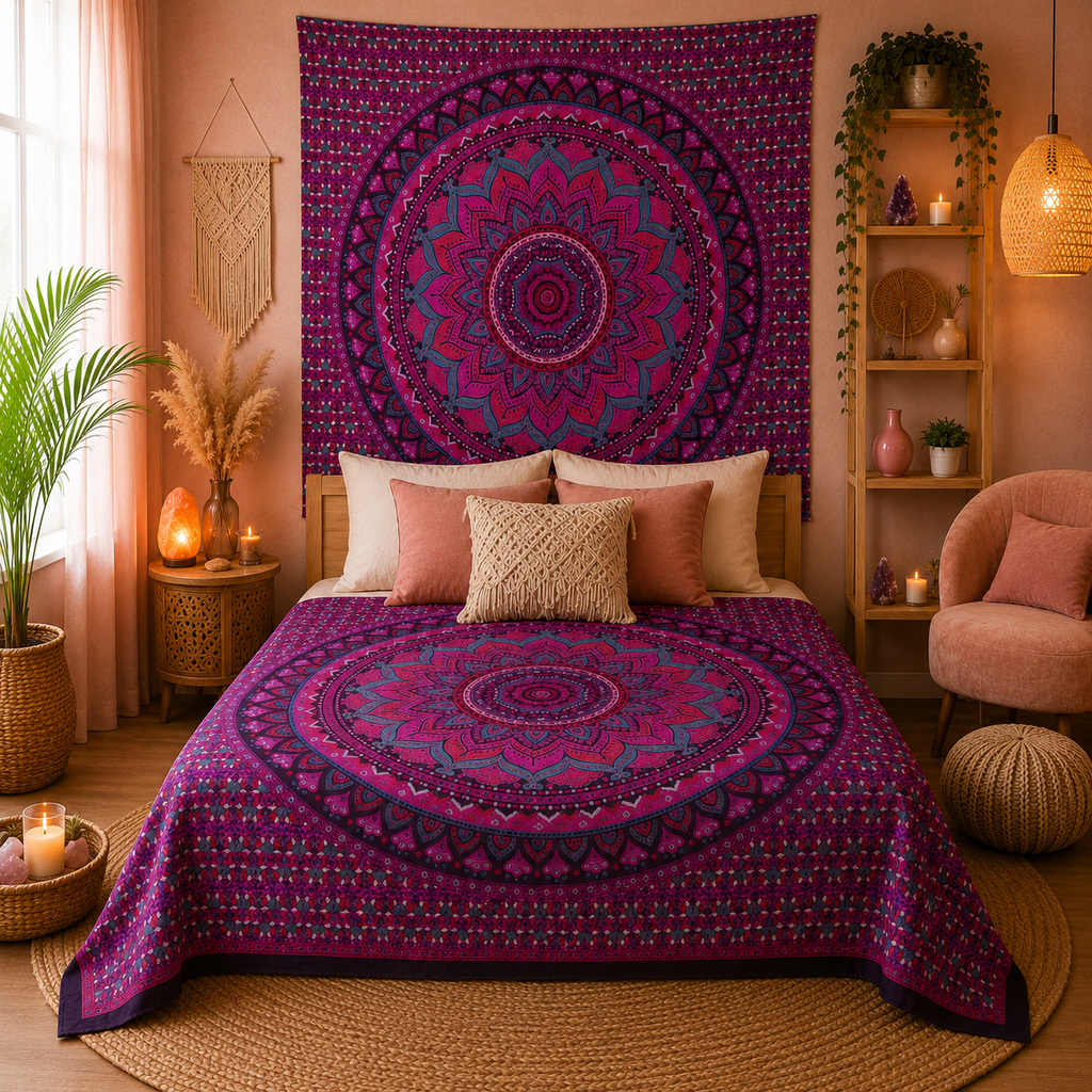 Couvre-lit ou Tenture murale en coton - Mandala classique - (200x230 cm)