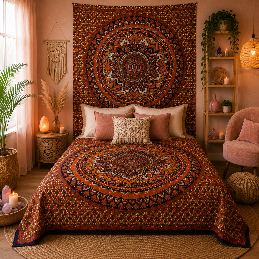 Couvre-lit ou Tenture murale en coton - Mandala classique - (200x230 cm)