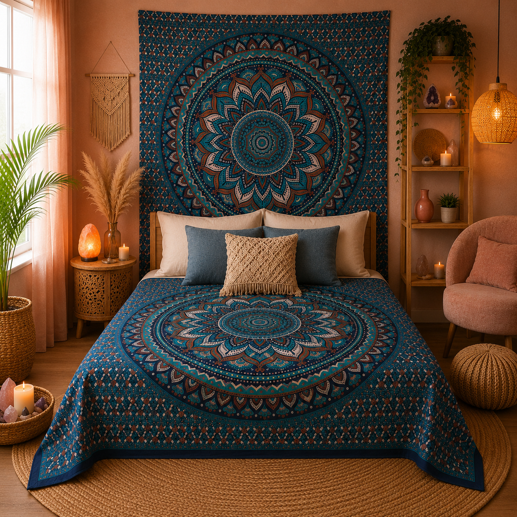 Couvre-lit ou Tenture murale en coton - Mandala classique - (200x230 cm)