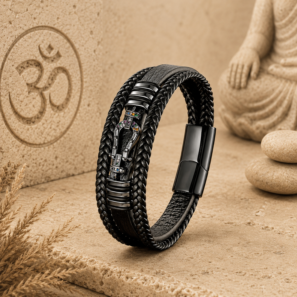 Bracelet Homme tissé en corde en cuir – Fer à Cheval  en zircon - Élégance Noire - 21 cm