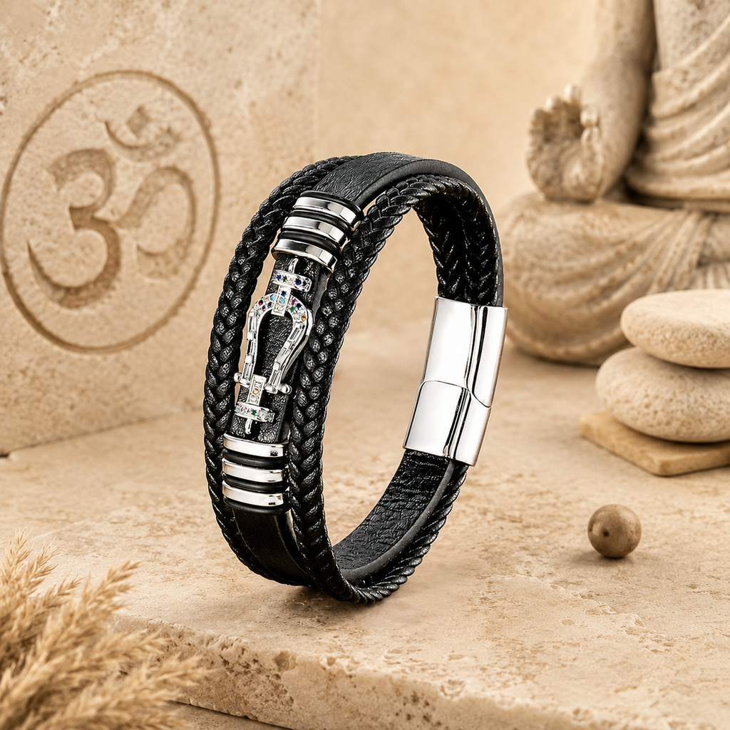 Bracelet Homme tissé en corde en cuir – Fer à Cheval  en zircon - Élégance Noire - 21 cm