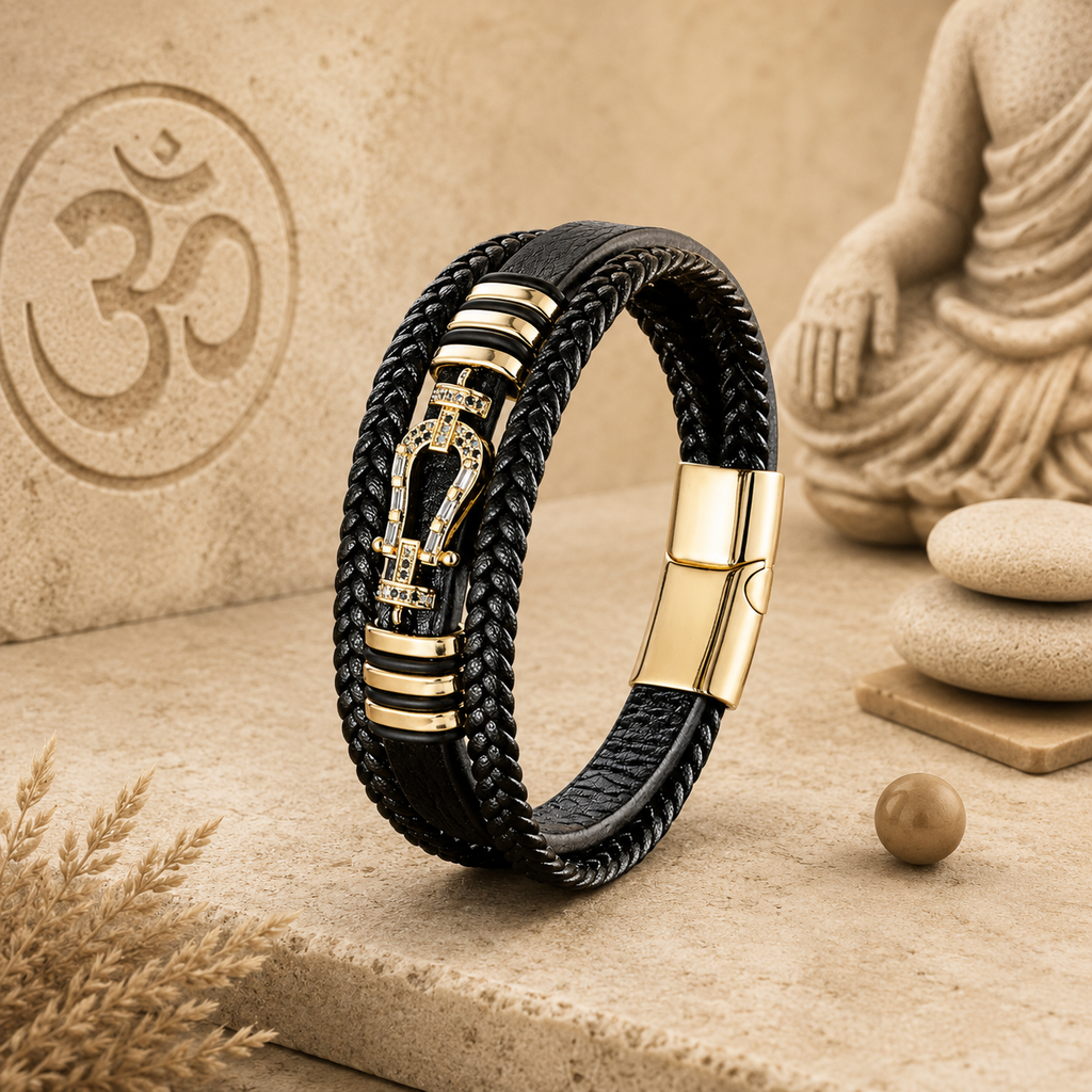 Bracelet Homme tissé en corde en cuir – Fer à Cheval  en zircon - Élégance Noire - 21 cm