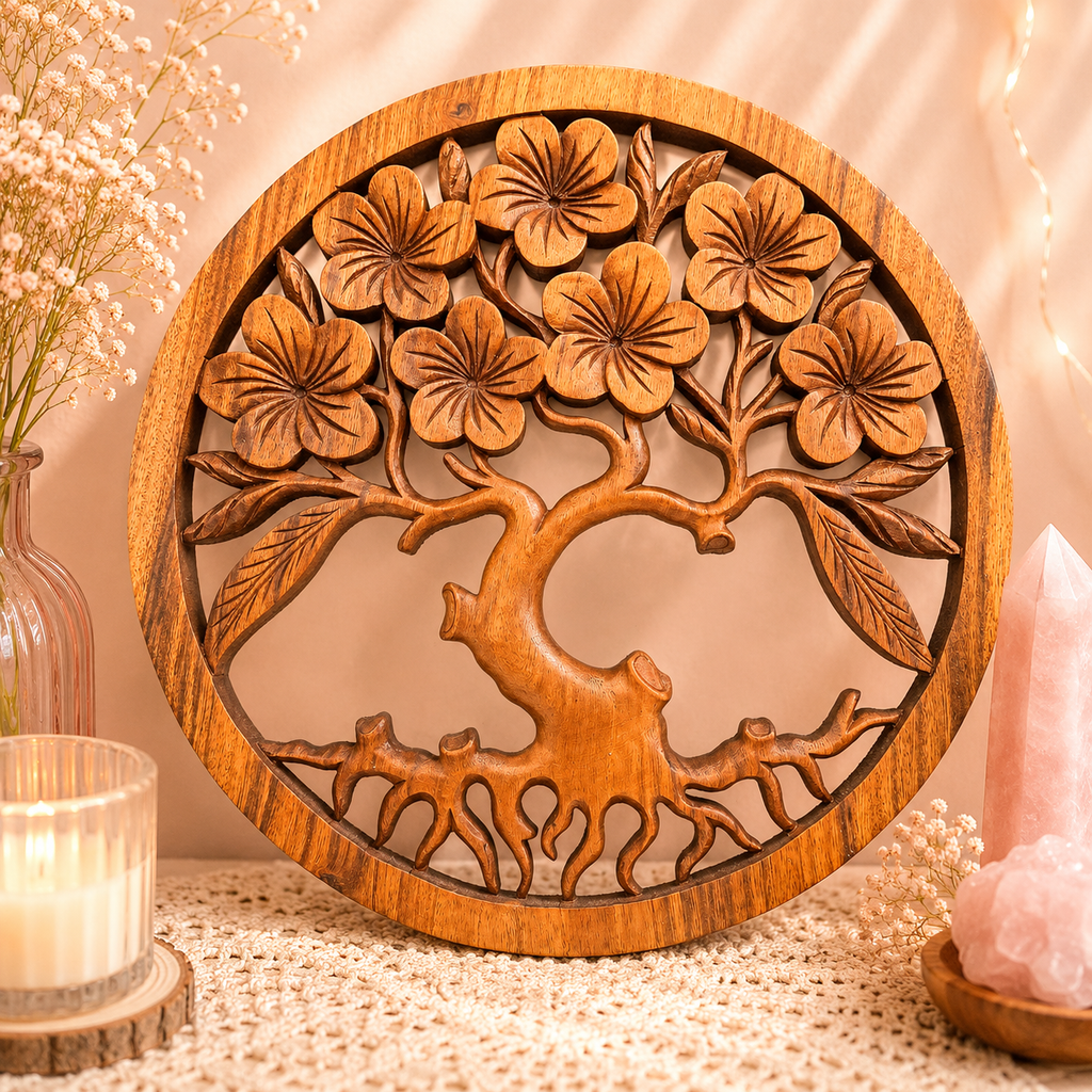 Panneau décoratif en bois sculpté balinais - Arbre de vie (3 variantes)