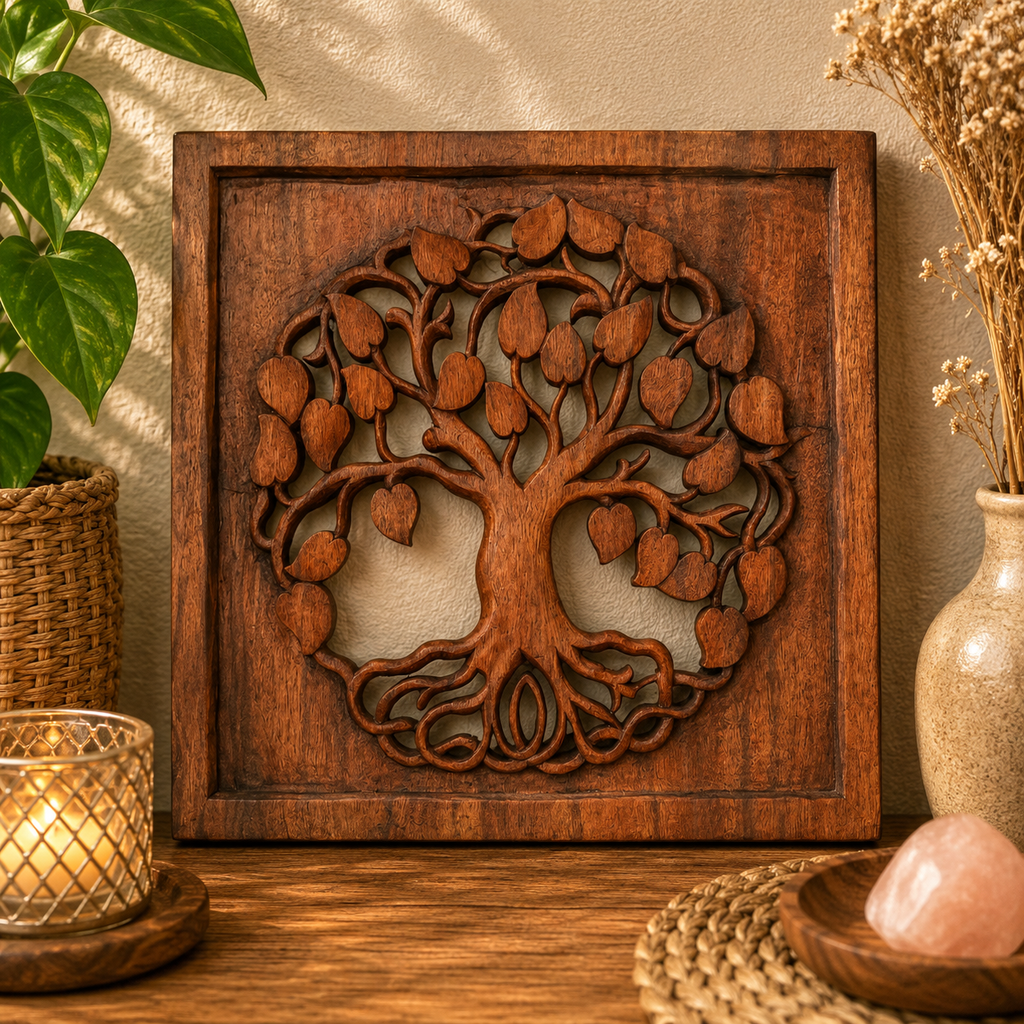 Panneau décoratif en bois sculpté balinais - Carré - Arbre de vie (2 variantes)