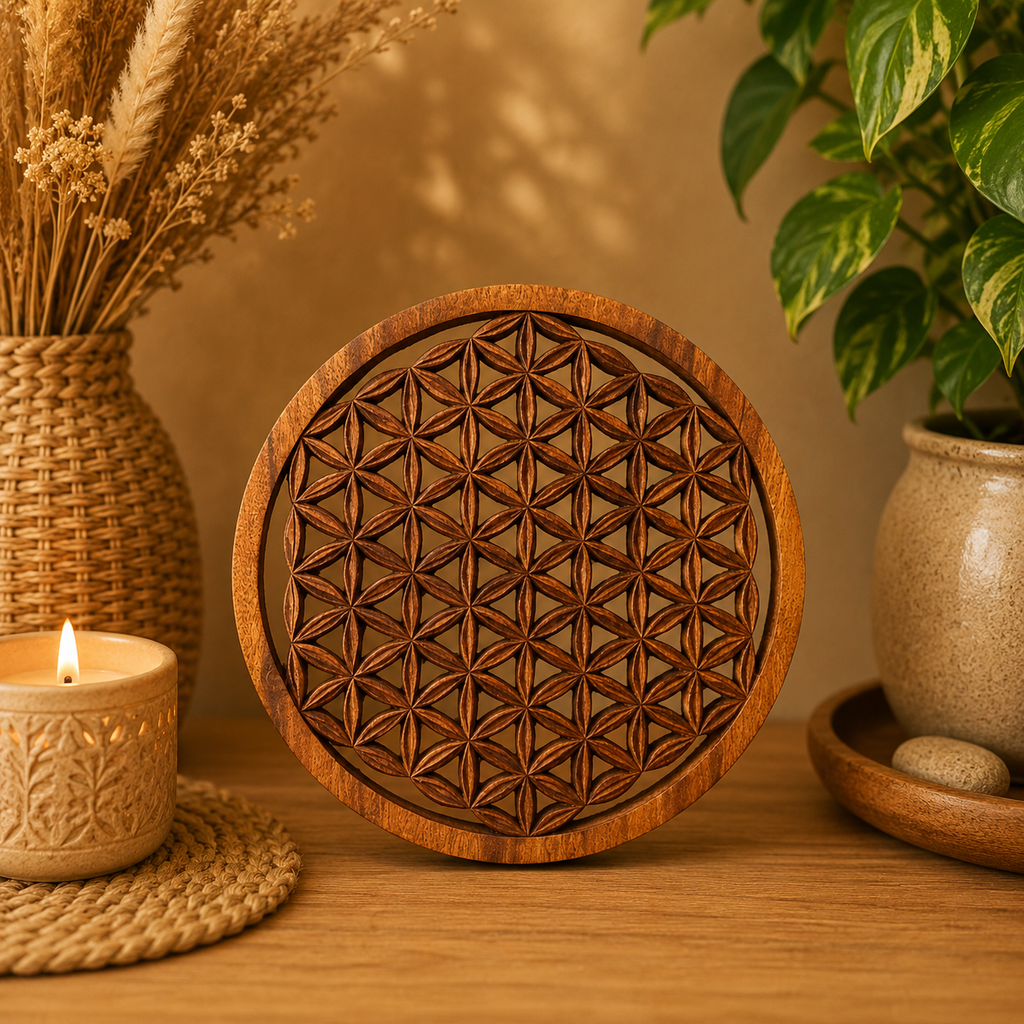 Panneau décoratif en bois sculpté balinais - Fleur de vie (2 tailles)