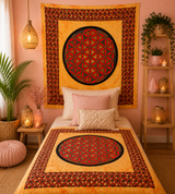 Couvre-lit ou Tenture murale en coton - Fleur de vie - Orange (2 tailles)