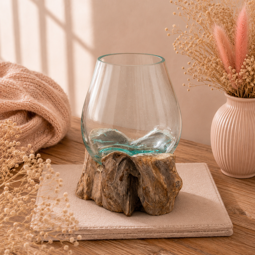 Vase en verre fondu sur racine